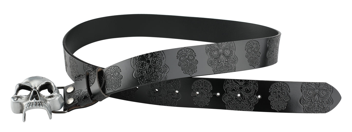 Men's Second-Layer Cowhide Leather Belt - Embossed Ghost Head Design with Skull Pin Buckle