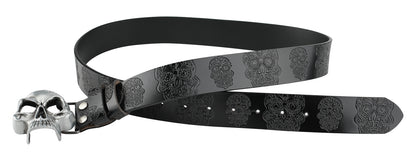 Men's Second-Layer Cowhide Leather Belt - Embossed Ghost Head Design with Skull Pin Buckle