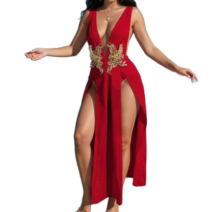 Women's Deep-V High-Slit Beach Vacation Dress - Maxi Summer Slip Dress