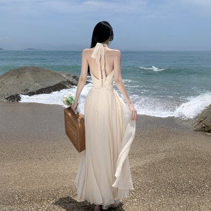 Women's Sleeveless V-Neck Halter Dress - Cinched Waist Pleated Maxi Dress