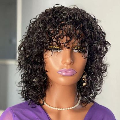 Human Hair Water Wave Wig with Bangs - Natural Black Fringe Wig
