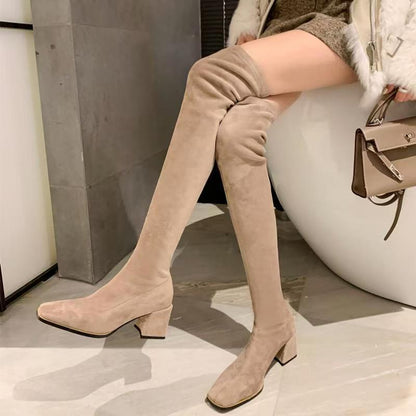 Stretchy Over-the-Knee Chunky Heeled Boots - Square Toe High Boots for Fall and Winter