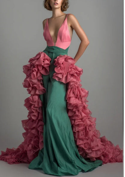 Women's Two-Tone V-Neckline Gown with Detachable Cascading Ruffle Train