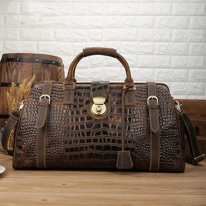 Men's First Layer Cowhide Leather Travel Bag - European American Style with Crocodile Embossed Pattern