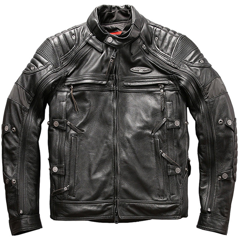Men's Genuine Leather Motorcycle Jacket - Cowhide Stand Collar Slim Fit