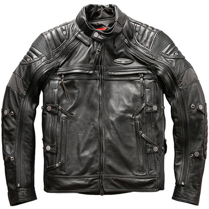 Men's Genuine Leather Motorcycle Jacket - Cowhide Stand Collar Slim Fit
