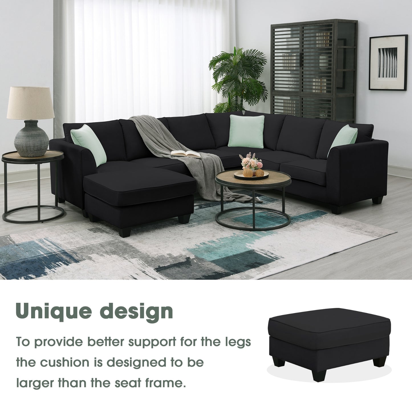7-Seat Modular L-Shaped Sectional Sofa Set with Ottoman - 112" x 87" Black Polyester Fabric