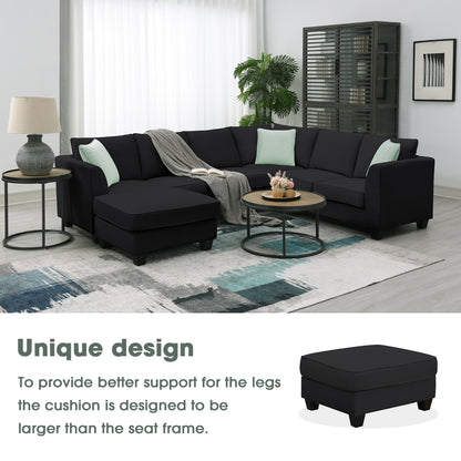 7-Seat Modular L-Shaped Sectional Sofa Set with Ottoman - 112" x 87" Black Polyester Fabric