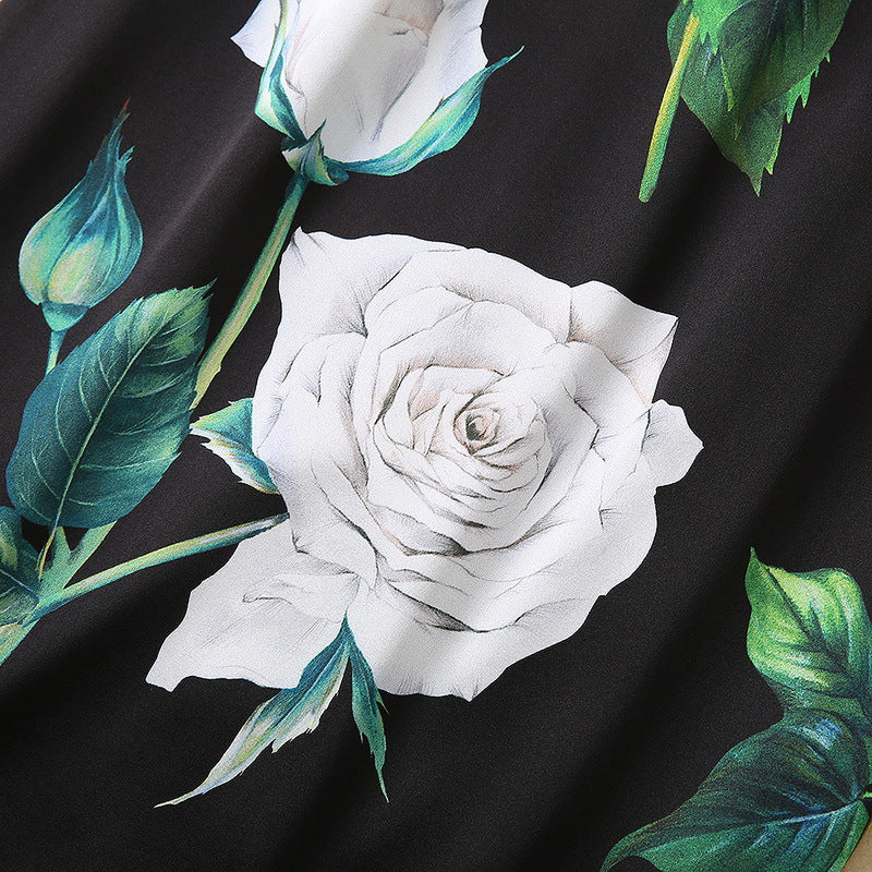 Women's Rose Print Silk Sleeveless Dress - 100% Silkworm Silk Summer Dress with Round Neckline