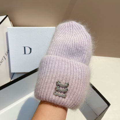 Women's Rabbit Fur Knitted Hat with Buckle - Winter Dome Crown Beanie