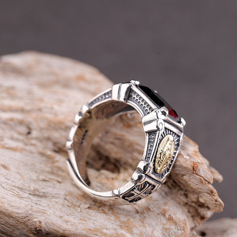 Men's S925 Silver Black Onyx Virgin Mary Ring - Adjustable Geometric Inlay Ring
