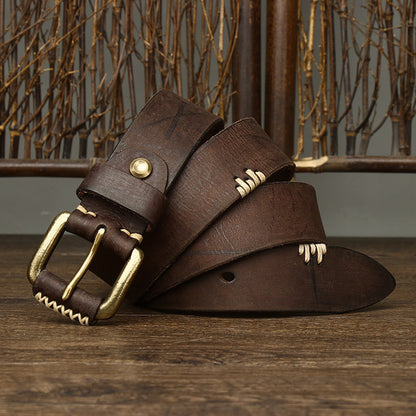 Handmade Retro First Layer Cowhide Leather Belt - Genuine Leather with Copper Pin Buckle