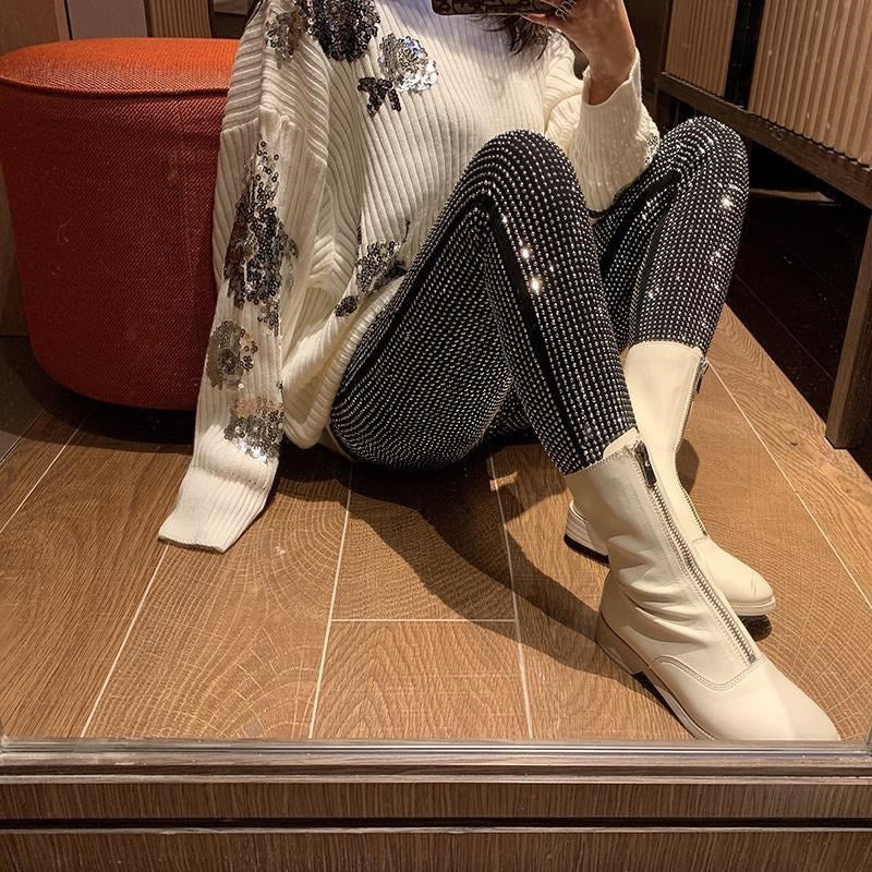 Women's Rhinestone Embellished Slim Leggings - Sparkling Diamond Detail Pants