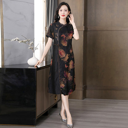 Women's Xiang Yun Satin Improved Cheongsam Dress - Art Retro Style with Floral Pattern