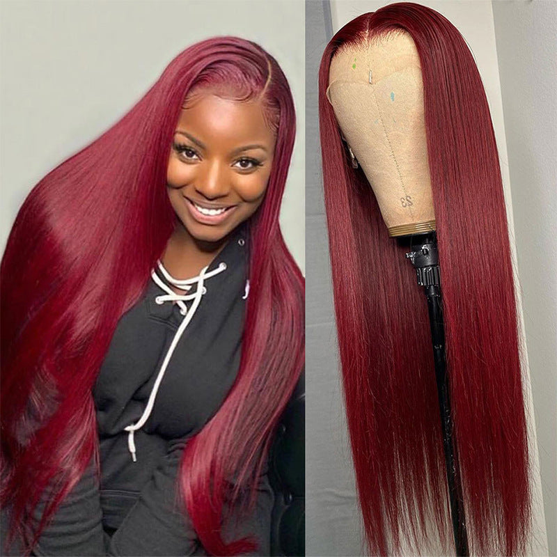 Full Headgear Long Straight Front Lace Wig - Real Human Hair Smooth Wine Red