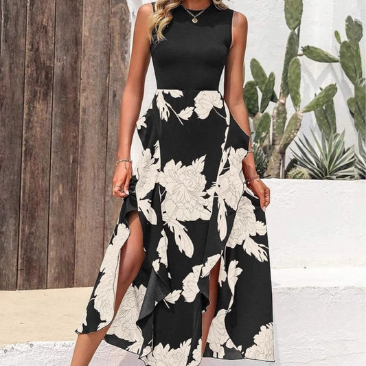 Women's Floral Crew-Neck Ruffled Sleeveless Dress - Elegant Summer Dress
