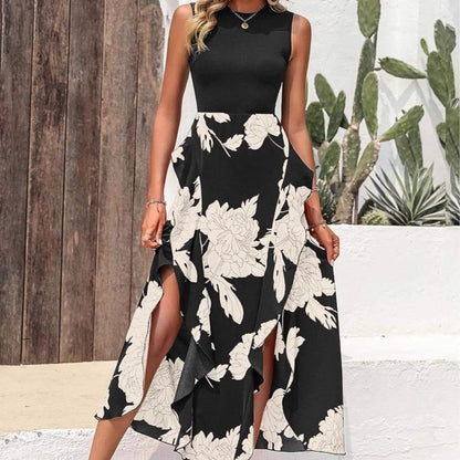 Women's Floral Crew-Neck Ruffled Sleeveless Dress - Elegant Summer Dress