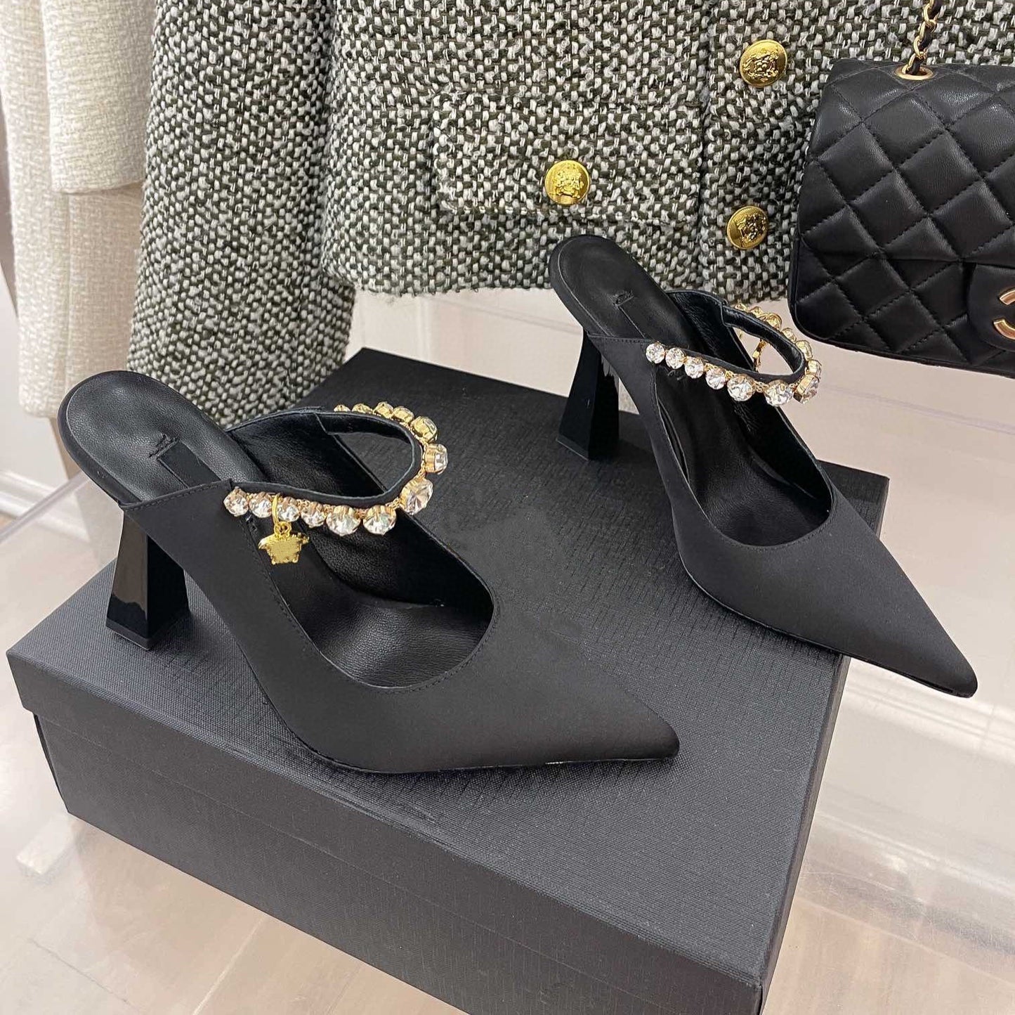 Premium Silk Rhinestone Pointed Toe Slippers - Elegant Women's Mules
