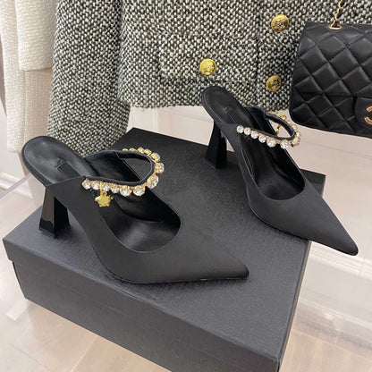 Premium Silk Rhinestone Pointed Toe Slippers - Elegant Women's Mules
