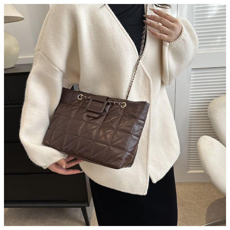 Quilted Chain Shoulder Bag - Trapezoid PU Leather Crossbody with Diamond Pattern
