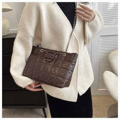 Quilted Chain Shoulder Bag - Trapezoid PU Leather Crossbody with Diamond Pattern