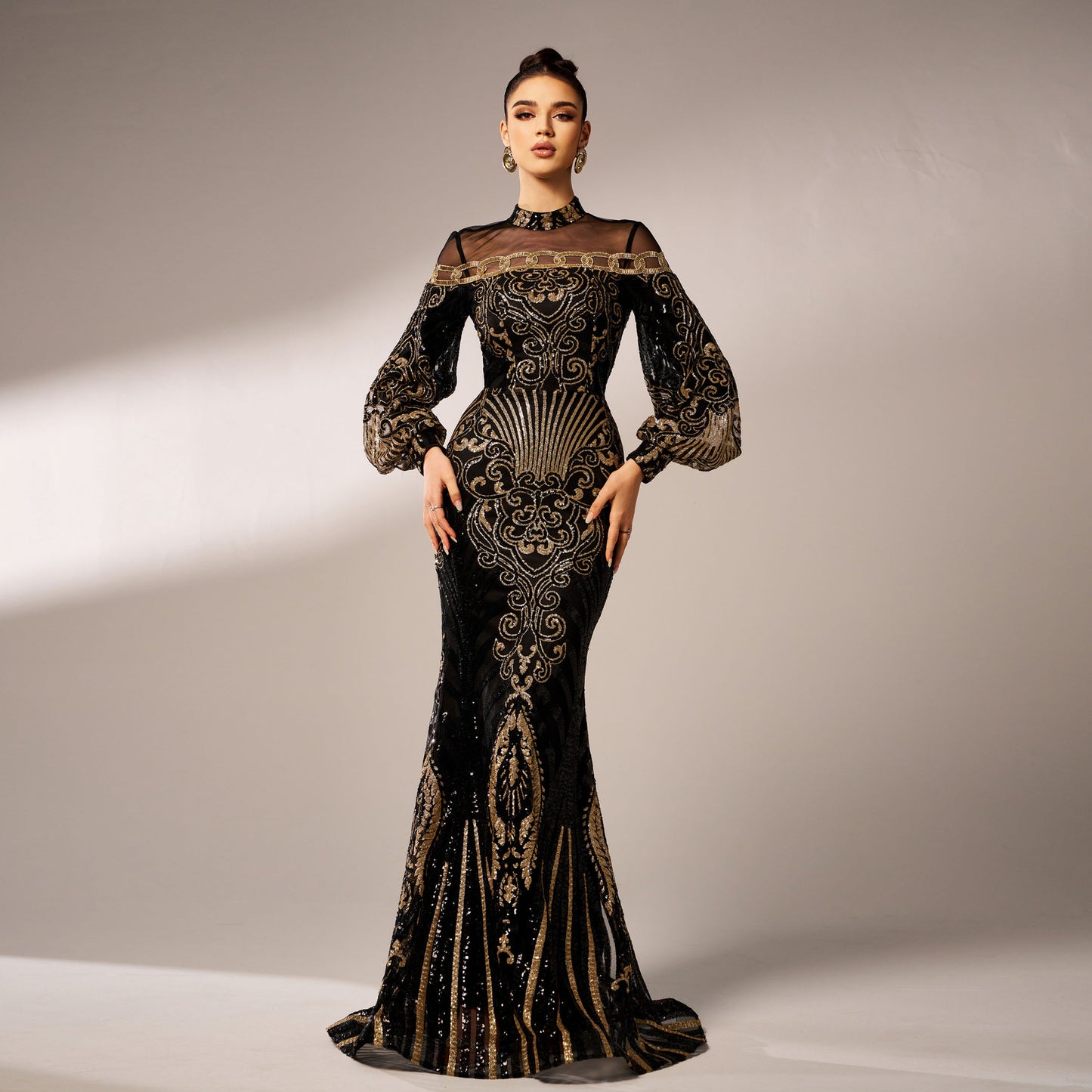 Women's Long Sleeve Sequin Mesh Fishtail Evening Gown – Round Neck Slim Fit Maxi Dress