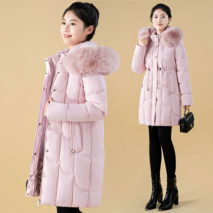 Women's Mid-Length Loose-Fit Down Padded Jacket - Elegant Commute Style with Fur Collar