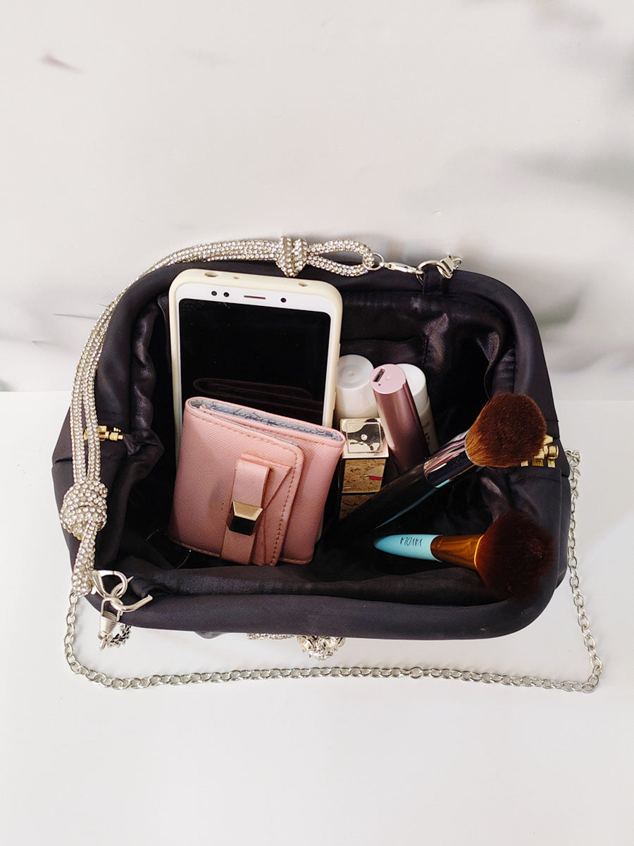 Polyester Evening Clutch - Shell Shape Shoulder Bag with Diamond Detail and Chain