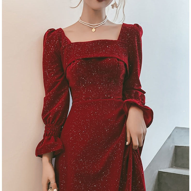 Women's Red Cotton Mid-Rise Dress – Elegant Bridal Toast Party Attire