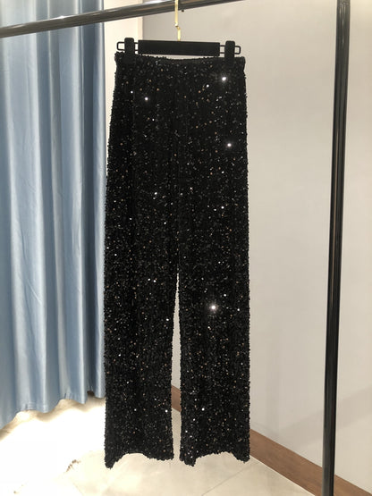 Women's Sequined High-Waist Wide Leg Pants - Korean Velvet Trousers