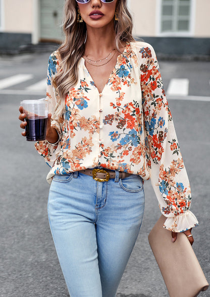 Women's Floral Print V-Neck Chiffon Blouse - Long Sleeve Casual Top