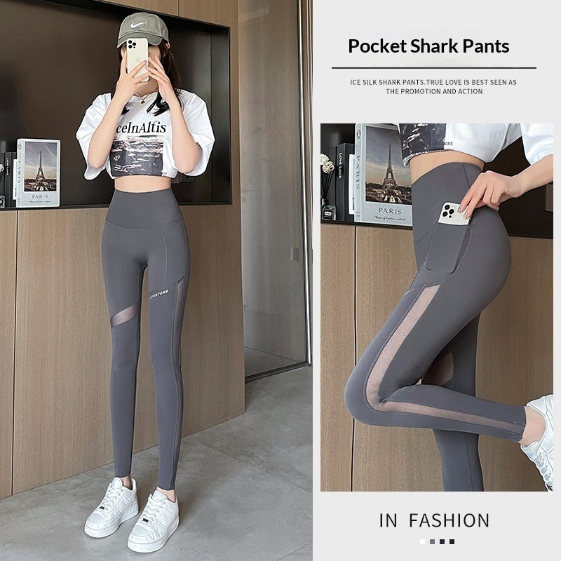 Women's Shark Pattern Cropped Activewear Pants - High Waist Mesh Pocket Leggings