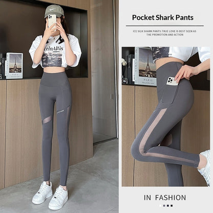 Women's Shark Pattern Cropped Activewear Pants - High Waist Mesh Pocket Leggings