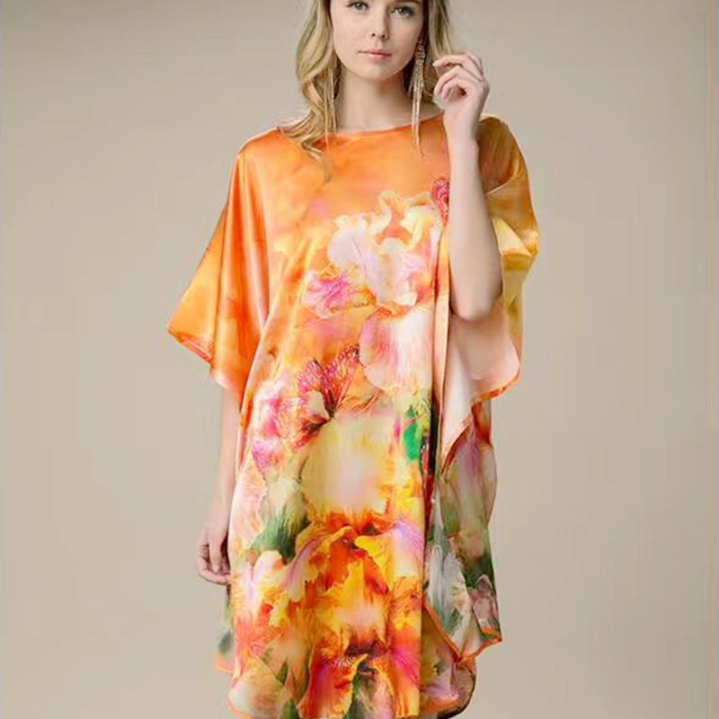 Women's Luxe Silk Bat Sleeve Nightdress - 100% Mulberry Silk Loose Fit Pajama Dress with Inkjet Prints