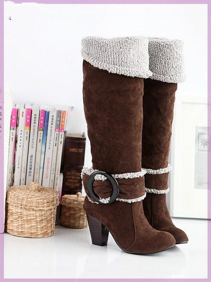 High Heel Knee-High Motorcycle Boots - Buckle Detail Fashion Boots