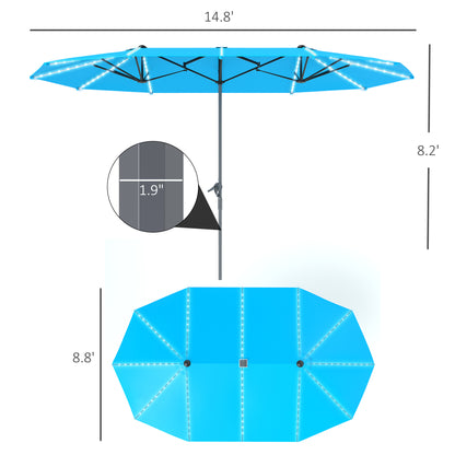 15ft Double-Sided Outdoor Patio Umbrella with Solar LED Rib Lights | UPF50+ | Crank Lift | Blue