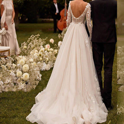 Women's Long Sleeve Embroidered Sheer Lace V-Neck Puffy Wedding Dress | Bridal Gown