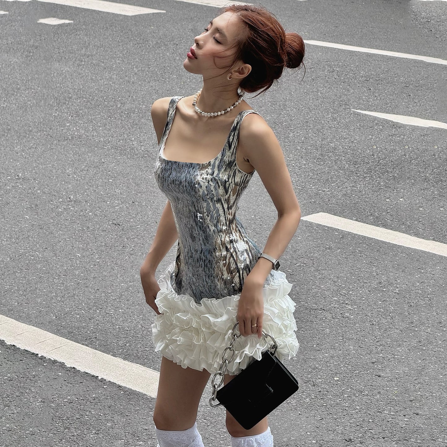 Women's U-Neck Sequin Tassel Mini Dress - High-Waist Party Dress