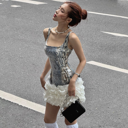 Women's U-Neck Sequin Tassel Mini Dress - High-Waist Party Dress
