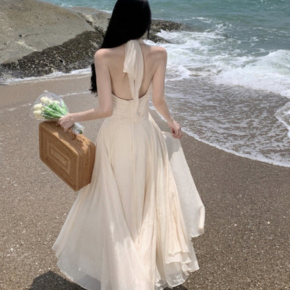 Women's Sleeveless V-Neck Halter Dress - Cinched Waist Pleated Maxi Dress