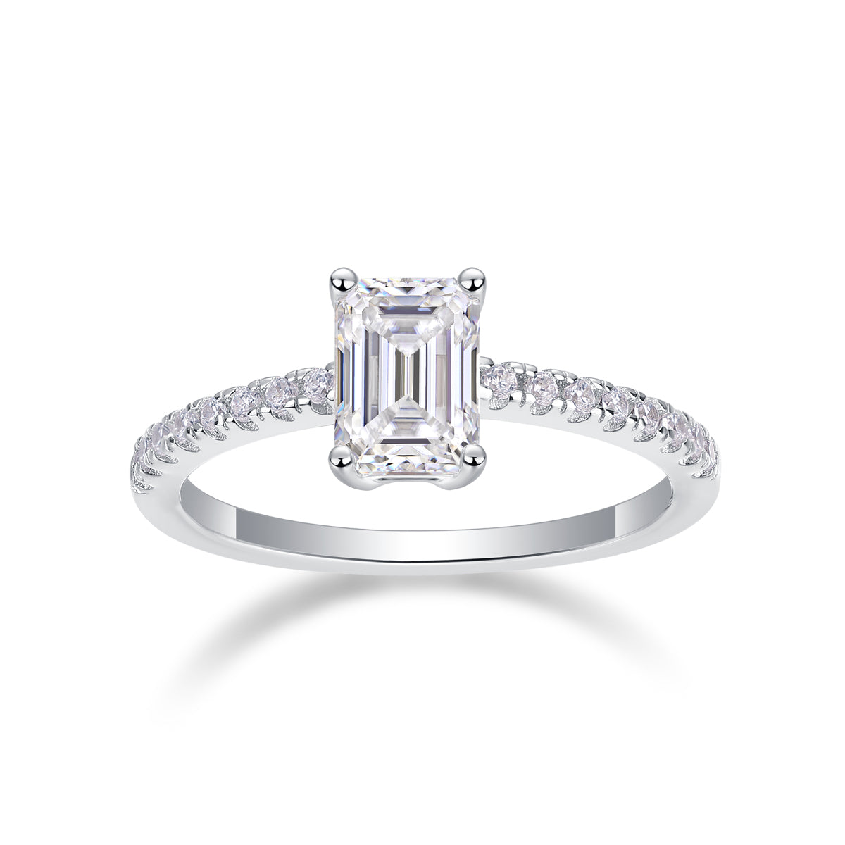 Octagonal Moissanite Sterling Silver Ring - Platinum Plated Wedding Band