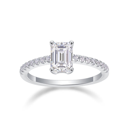 Octagonal Moissanite Sterling Silver Ring - Platinum Plated Wedding Band