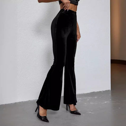 Women's High Waist Velvet Flared Pants - Slim Fit Solid Color Trousers