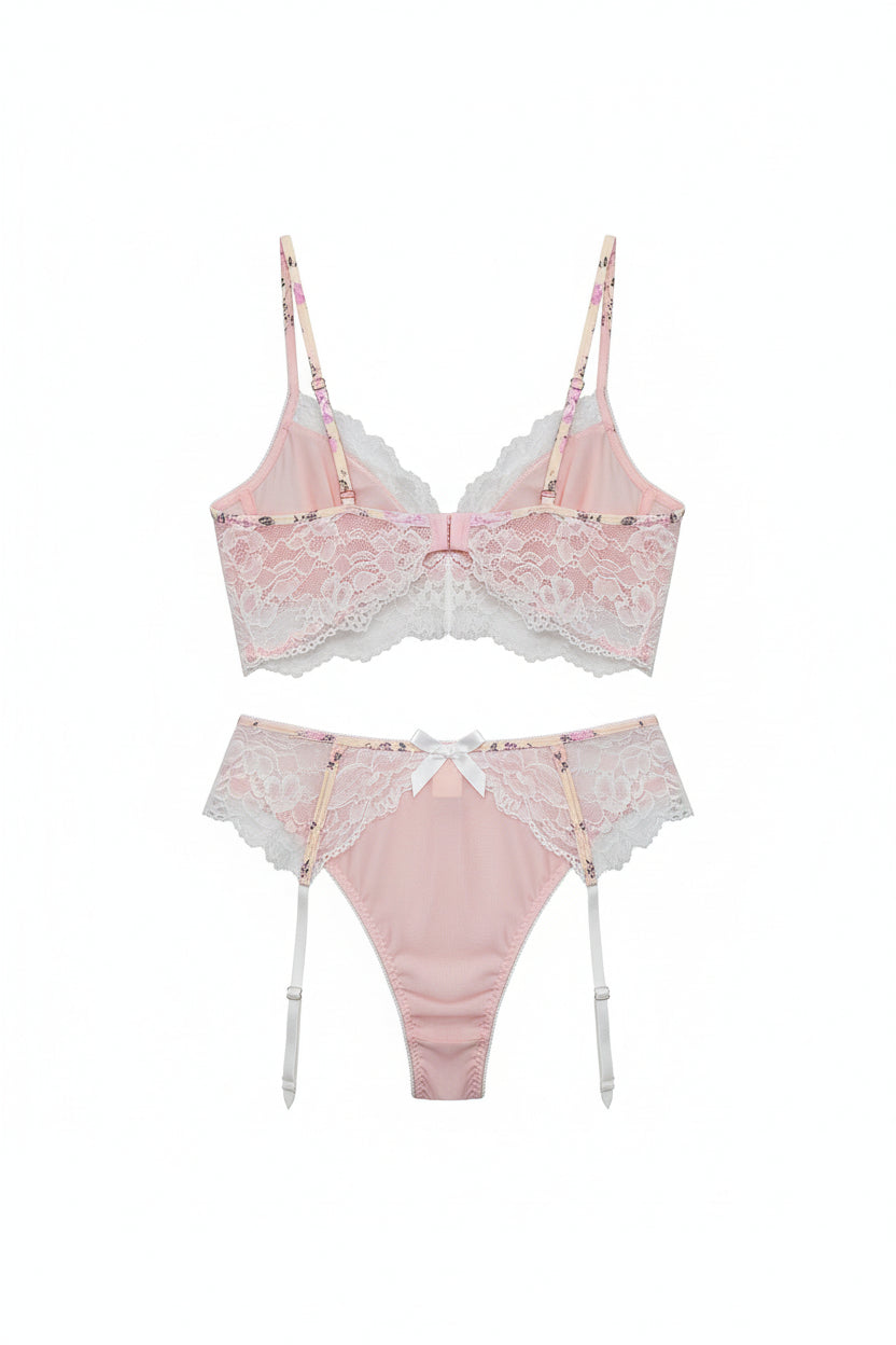 Women's Three-Piece Lingerie Set - Underwire Bra with Garter Straps