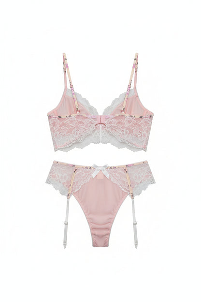 Women's Three-Piece Lingerie Set - Underwire Bra with Garter Straps