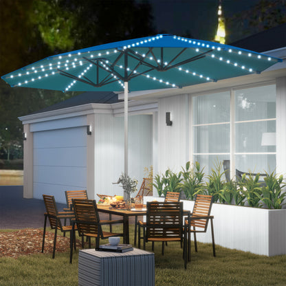 15ft Double-Sided Outdoor Patio Umbrella with Solar LED Rib Lights | UPF50+ | Crank Lift | Blue