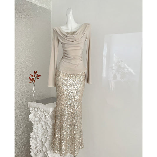 Women's Champagne Gold Sequin Two-Piece Evening Gown Set — Ruched Top & Mermaid Skirt
