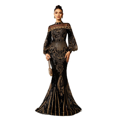 Women's Long Sleeve Sequin Mesh Fishtail Evening Gown – Round Neck Slim Fit Maxi Dress