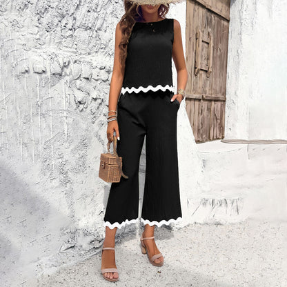 Women's Summer Wave Print Two-Piece Set - Sleeveless Top and Straight Pants