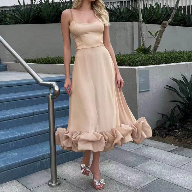 Chiffon A-Line Maxi Dress with 3D Floral Detail - Sleeveless Swing Dress with Suspenders